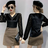 Long Sleeve V-Neck Hollow Mesh Patchwork Tops Blouse Mssza