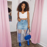 Mesh Patchwork empire Waist See Through Punk Denim Maxi Skirts Mssza
