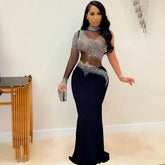 Mesh Rhinestone Elegant And Pretty Single Sleeve Maxi Party Gown Bodycon Womens Gown Dress Mssaz Desses