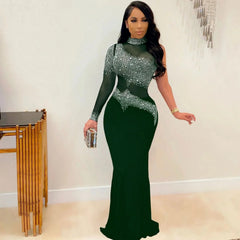 Mesh Rhinestone Elegant And Pretty Single Sleeve Maxi Party Gown Bodycon Womens Gown Dress Mssaz Desses