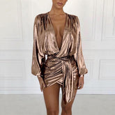 Metallic plunge party dress Lantern sleeve wrap dresses v neck sashes dress Back ruched irregular mini vestido Mssaz Desses