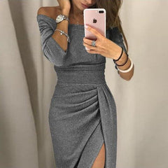 Slit One Word Collar Shiny Dress Mssaz Desses