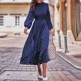 Boho Long Dress Blue Long Sleeve Elegant Dress Polka Dot Print Elegant Dress Mssaz Desses