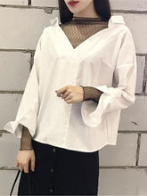 Preppy Style Cute Patchwork Mesh Striped V-Neck Two Piece Blouse Shirt Mssza