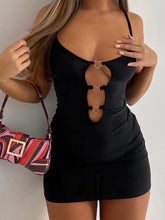 Hollow Love Metal Buckle Solid Sling Party Mini Cut Out Dress Mssaz Desses