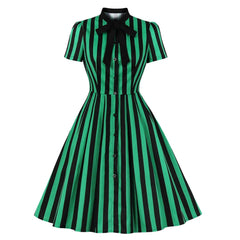 New Bowknot Skater Embroidery Stitching Retro Autumn Short Sleeve Casual Dress Mssaz Desses