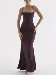 Square Neck Ruched Corset Fishtail Evening Maxi Dress Mssaz Desses