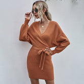 Surplice Wrap Batwing Sleeve Ribbed Dress Mssaz Desses