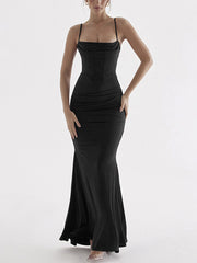 Square Neck Ruched Corset Fishtail Evening Maxi Dress Mssaz Desses