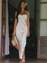 Floral Print Ruched Slit Strapless Maxi Dress Mssaz Desses