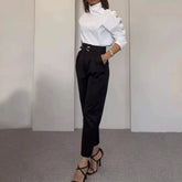 Oblique Shoulder Turtleneck Solid Regular Full Sleeve Slim Fit Long Pant High Waist Two Piece Sets Mssza