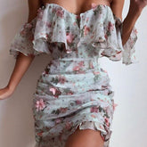 Short Sleeve Slash Neck Flower Print Dress Mssaz Desses