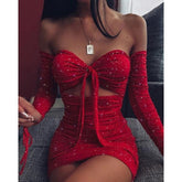 Off Shoulder Glitter Dress Front Lace Up Hollow Out Ruchech Party Dress Stretchy Glittering Dresses Bodycon Vestidos Mssaz Desses