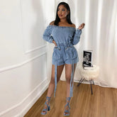 Casual Off Shoulder Long Sleeve Front Pocket Straight Washed Jeans Denim Jumpsuit Mssza