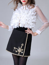 Organza Turndown Collar Sheer Retro Flowers Long Sleeves Tops Mssza