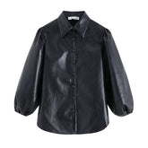 PU Faux Leather Turn Down Collar Sleeve Blouse Shirt Mssza