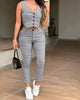Casual Print V Neck Button Front Sleeveless Tank and Slim Fit Pants 2 Pieces Set Mssza