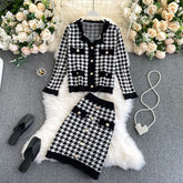 Plaid Long Sleeve Elastic High Waist Knitted Skirt Two Pieces Set Mssza