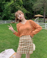 Plaid Short Style Lining High Waist Split A-Line Bag Hip Skirts Mssza