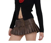 Pleated low waist A-line waist decorative belt retro leather skirt Mssza