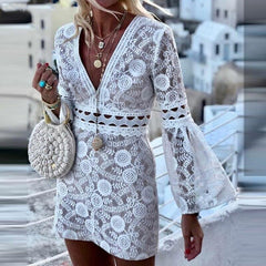 Plunge V-neck Bell Sleeve Lace Bodycon Dress Mssaz Desses