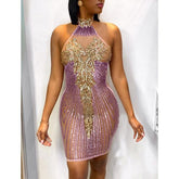 Plus Size Halter Sequined Dress Open Back Pleated Bodycon Dress Stretchy Mini Party Dresses Ruched Vestidos Mssaz Desses