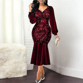 Plus Size Wine Red Velvet Sequin Dress Mssaz Desses