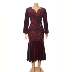 Plus Size Wine Red Velvet Sequin Dress Mssaz Desses