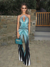 Printed Halter Hollow Out Striped Skinny Flare Pants Streetwear Rompers Jumpsuits Mssza