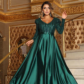 V-neck Long Sleeves Floor Length Satin Sequin Prom Dresses Mssaz Desses