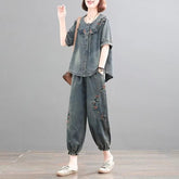Retro Casual Loose Denim Shirt Elastic Waist Jeans Pants 2PCS Large Size Suit Mssza