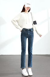 Retro zipper fly Slim Straight Elastic Cotton Thickened Warm Denim Pants Mssza
