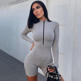 Ribbed Knit Long Sleeve Zipper Bodycon Romper Mssza