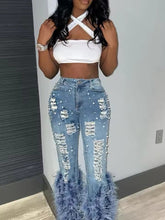 Casual Ripped Out Beading Hollow Out Wide Leg Flare Feather Denim Pants Mssza