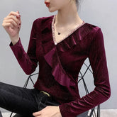 Ruffled Long Sleeve V-neck Velvet Shirt Mssza