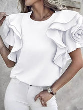 Ruffled Solid Color Cotton Blended Shirt Round Neck Short Sleeve Loose T-shirt Mssza