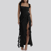 Ruffles Chiffon Maxi Dress For Backless Split Black Long Wedding Party Elegant Luxury Chic Female Mssaz Desses