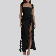 Ruffles Chiffon Maxi Dress For Backless Split Black Long Wedding Party Elegant Luxury Chic Female Mssaz Desses