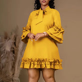 Solid Pleated Ruffles Hem High Neck Mini Dress Mssaz Desses