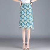 Elegant 3D Leaves Embroidery Patchwork Crochet Lace Midi Pencil Skirt Mssza