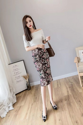 Printed Split High Waist Zipper Bag Hip Casual Commuter Skirt Mssza