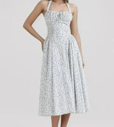 Floral Bow Halter Neck Lacing Up Midi Dress Mssaz Desses