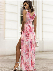 Chiffon Print Boho V-neck Sleeveless Holiday Party Dress Mssaz Desses