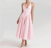 Pink White Plaid Bow Halter V Collar Midi Dress Mssaz Desses