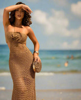 Knitted 3D Flower Solid Ankle Length Dress Mssaz Desses