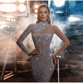 Sequins Glitter Solid Slim Half High Collar Long Sleeve Dress Mssaz Desses