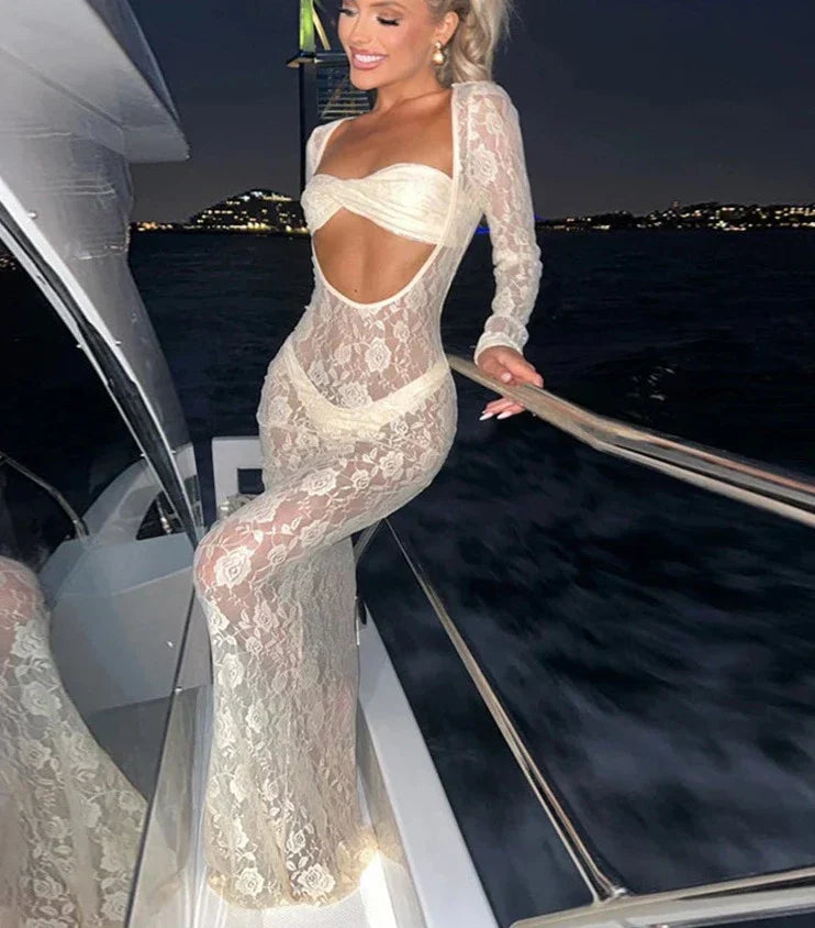 Perspective Lace Hollow Out Bodycon Maxi Dress Mssaz Desses
