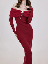 Patchwork Fur Collar Slash Neck Diamond Dress Mssaz Desses