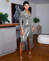 Solid Notched Tassel Sequin Decoration Knee Length Dress Mssaz Desses