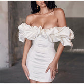 Solid Fishbone Off Shoulder Ruffled One-shoulder Mini Dress Mssaz Desses